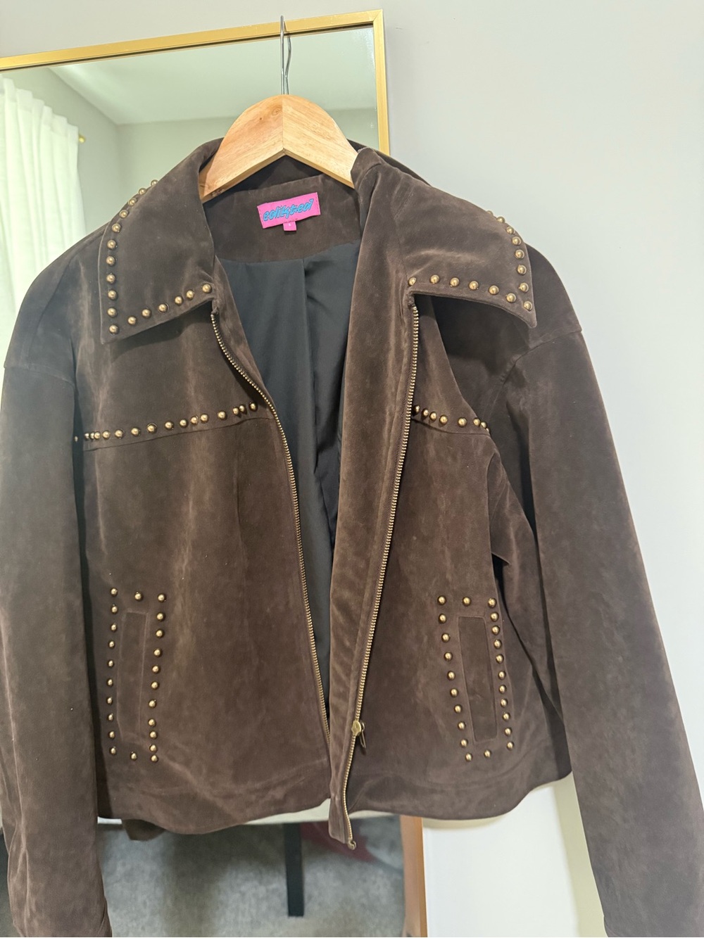 Edikted Dark Brown Studded Suede Zip Jacket